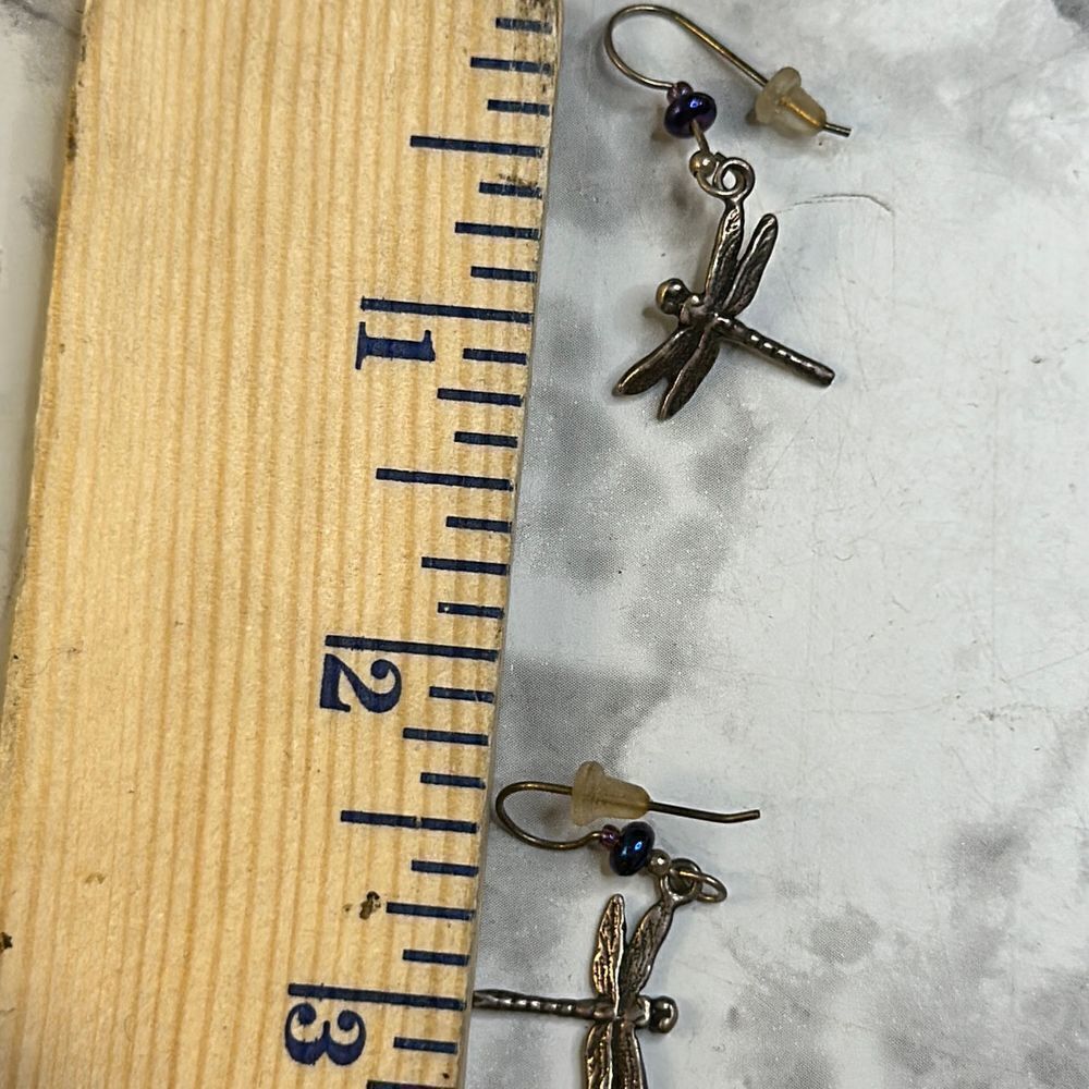 delicate dragonfly drip earrings, Silver stamped, with blue / purple bead accent - Picture 7 of 10